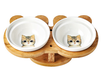 Ceramic Pet Bowl & Wooden Stand