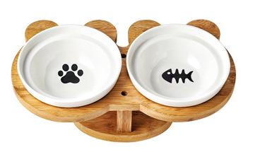 Ceramic Pet Bowl & Wooden Stand